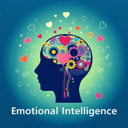 A visually striking representation of emotional intelligence, featuring a human head silhouette with a colorful brain composed of intertwined gears and heart shapes, symbolizing the connection between mind and emotion