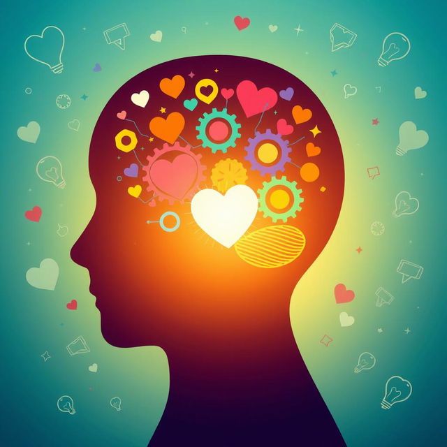 A visually striking representation of emotional intelligence, featuring a human head silhouette with a colorful brain composed of intertwined gears and heart shapes, symbolizing the connection between mind and emotion