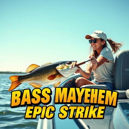 A vibrant vertical thumbnail depicting a young woman fishing from a stylish modern boat in a dynamic and energetic scene