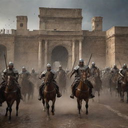 A sudden hailstorm of arrows greet King Ahmad and his horsemen as they approach the gates of Rome. Their steely bravery etched within the scene as they raise their shields amidst the onslaught, creating a dramatic setting under the ancient Roman architecture.