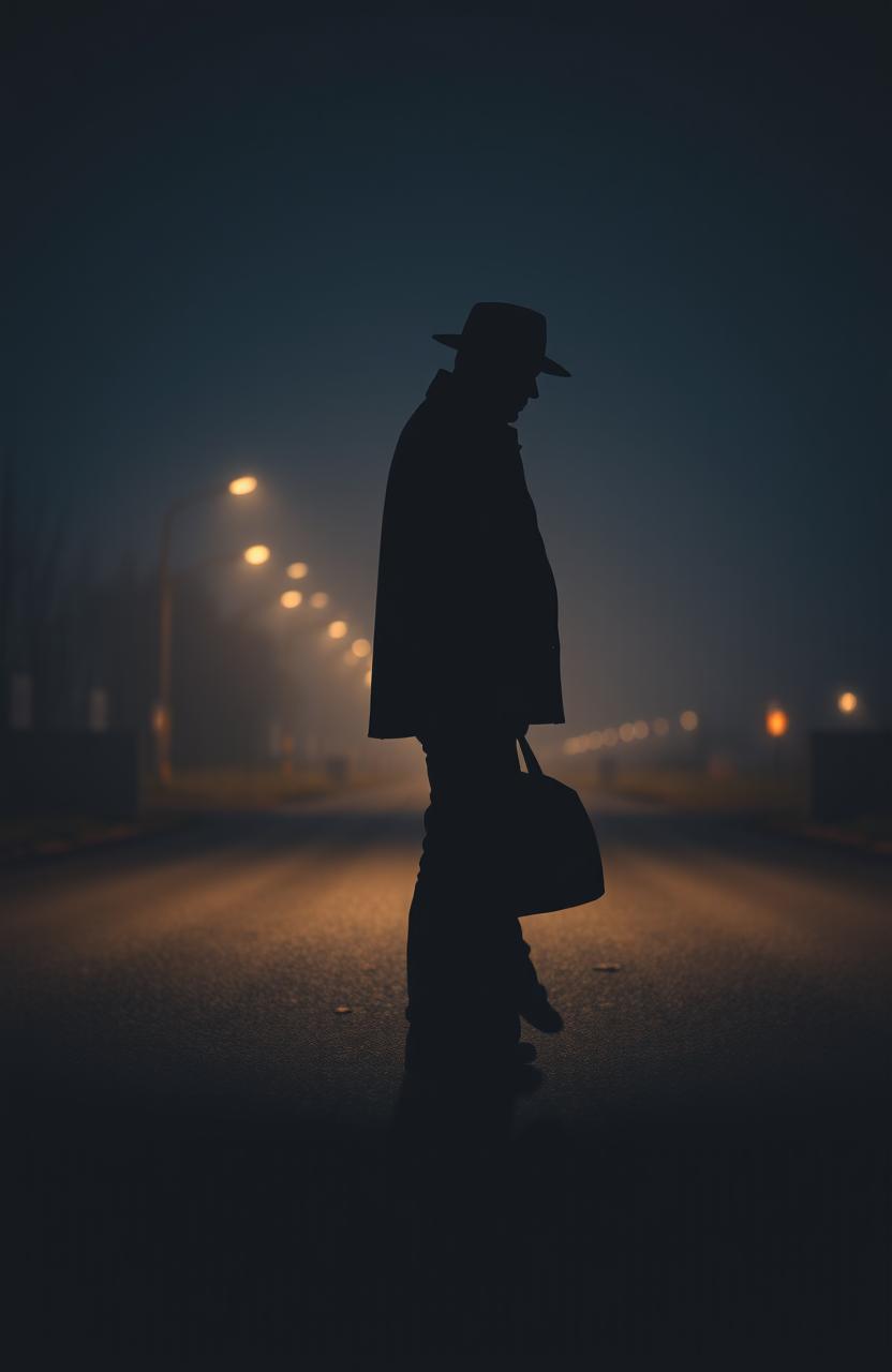 A silhouette of a man wearing a hat and jacket, standing on a deserted road while holding a heavy-looking bag