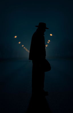 A silhouette of a man wearing a hat and jacket, standing on a deserted road while holding a heavy-looking bag