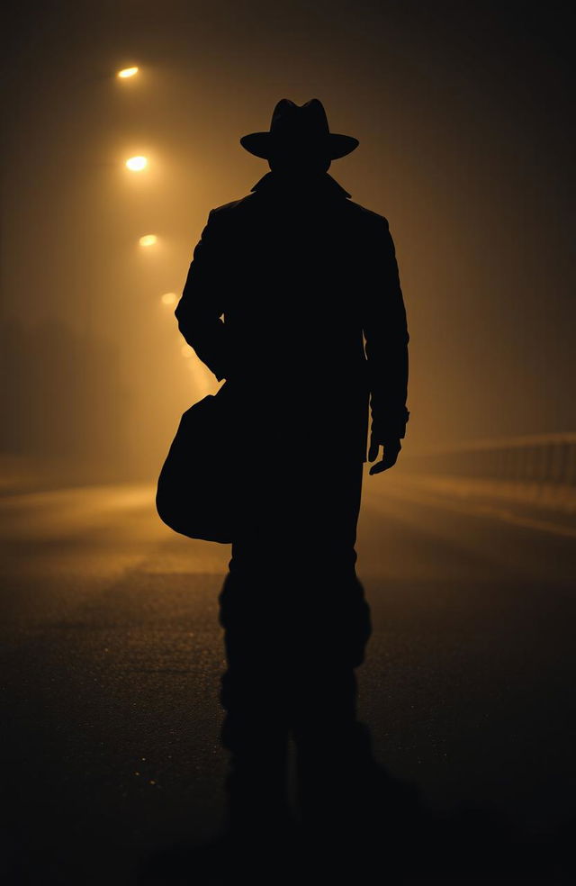 A silhouette of a man wearing a hat and jacket, standing on a deserted road while holding a heavy-looking bag