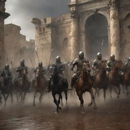 A sudden hailstorm of arrows greet King Ahmad and his horsemen as they approach the gates of Rome. Their steely bravery etched within the scene as they raise their shields amidst the onslaught, creating a dramatic setting under the ancient Roman architecture.