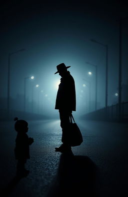 A silhouette of a man wearing a hat and jacket, standing on a deserted road while holding a heavy-looking bag