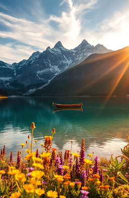 A stunning landscape of a serene mountain lake at sunrise, with crystal clear water reflecting the golden light