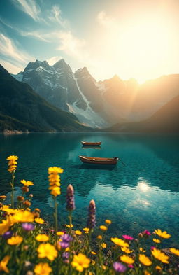 A stunning landscape of a serene mountain lake at sunrise, with crystal clear water reflecting the golden light