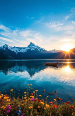 A stunning landscape of a serene mountain lake at sunrise, with crystal clear water reflecting the golden light