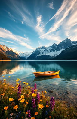 A stunning landscape of a serene mountain lake at sunrise, with crystal clear water reflecting the golden light
