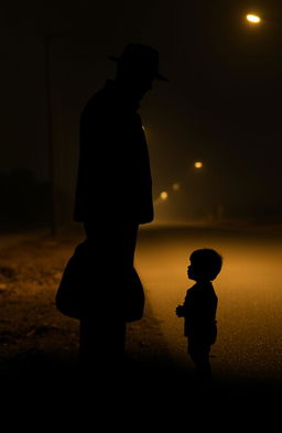 A silhouette of a man wearing a hat and a jacket, standing on the edge of a deserted road, holding a heavy-looking bag
