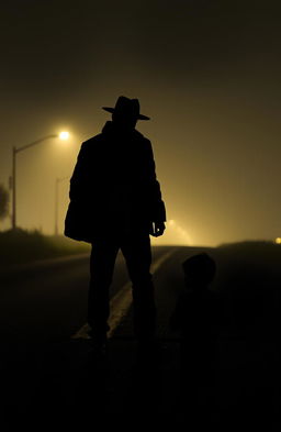 A silhouette of a man wearing a hat and a jacket, standing on the edge of a deserted road, holding a heavy-looking bag