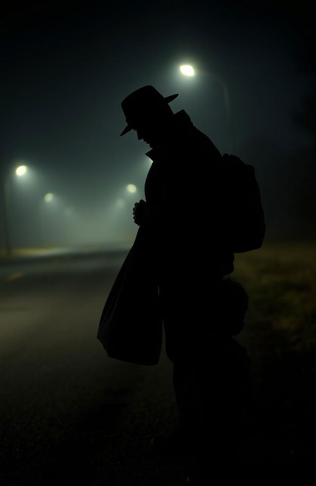 A silhouette of a man wearing a hat and a jacket, standing on the edge of a deserted road, holding a heavy-looking bag