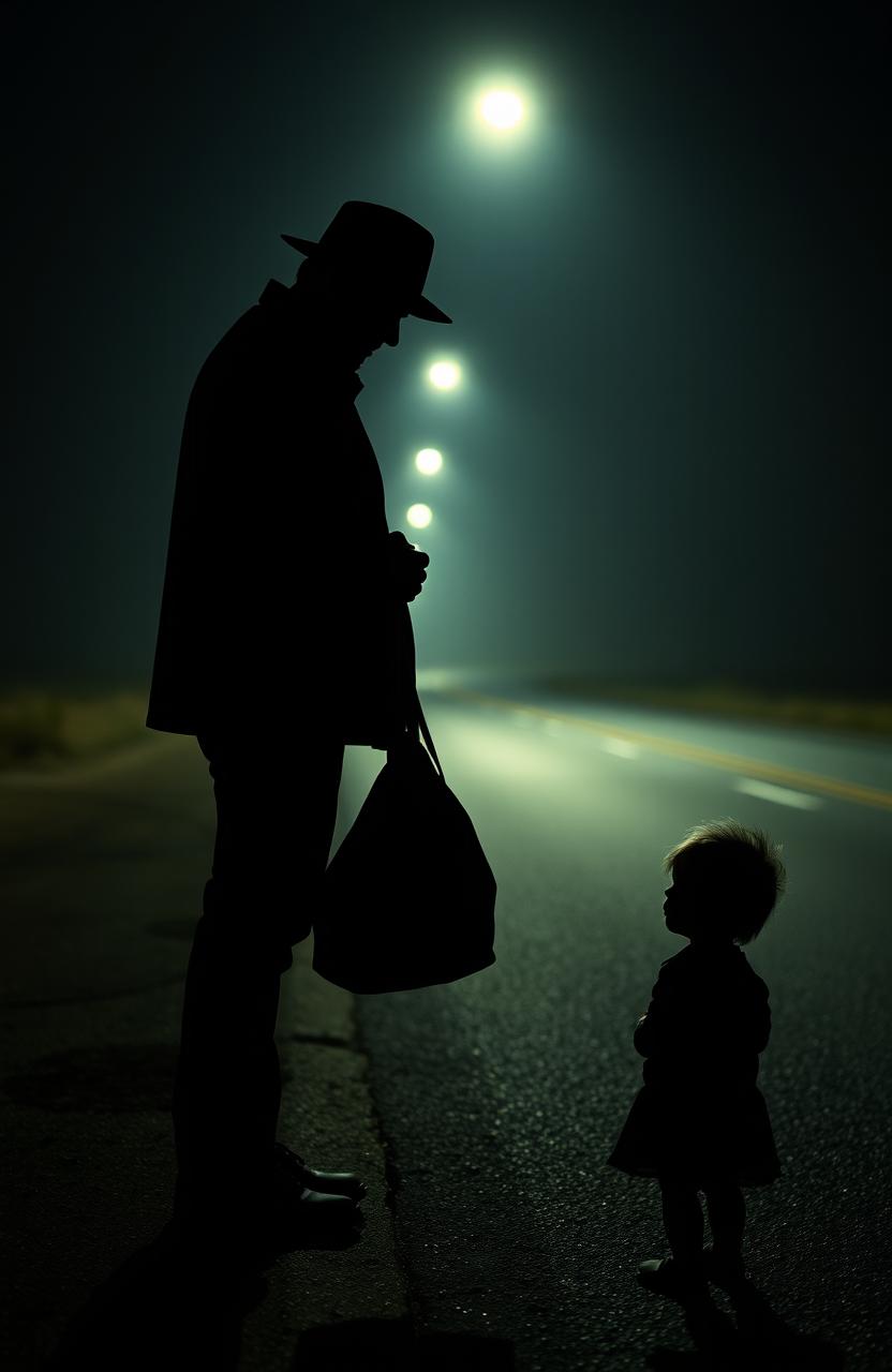 A silhouette of a man wearing a hat and a jacket, standing on the edge of a deserted road, holding a heavy-looking bag