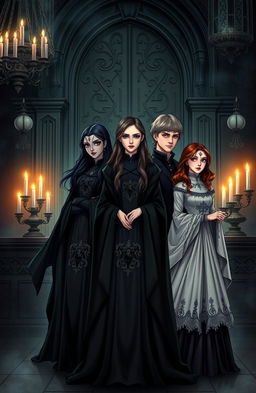 A mystical illustration of the siblings from the House of Black, showcasing their intricate family tree and dark, gothic aesthetic