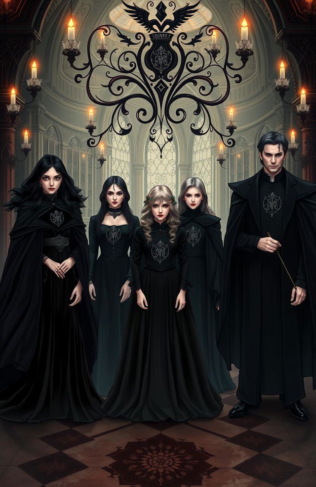 A mystical illustration of the siblings from the House of Black, showcasing their intricate family tree and dark, gothic aesthetic