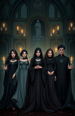 A mystical illustration of the siblings from the House of Black, showcasing their intricate family tree and dark, gothic aesthetic