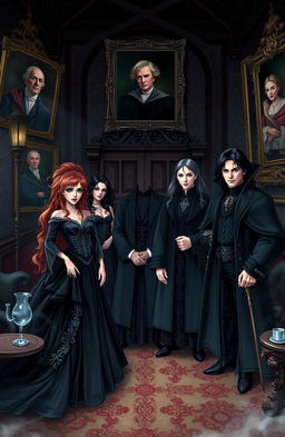 A beautifully illustrated family portrait of the Siblings of the House of Black from the Harry Potter universe, featuring a group of elegant, aristocratic wizards and witches