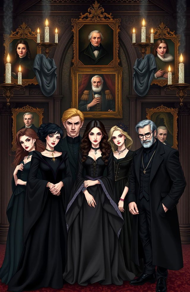 A beautifully illustrated family portrait of the Siblings of the House of Black from the Harry Potter universe, featuring a group of elegant, aristocratic wizards and witches