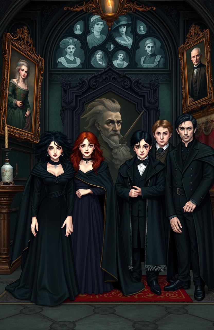 A beautifully illustrated family portrait of the Siblings of the House of Black from the Harry Potter universe, featuring a group of elegant, aristocratic wizards and witches