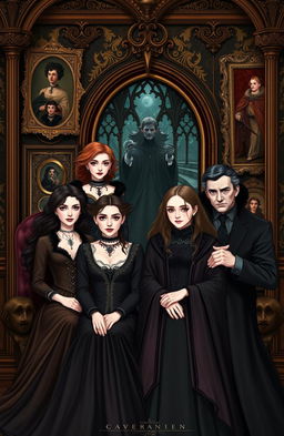 A beautifully illustrated family portrait of the Siblings of the House of Black from the Harry Potter universe, featuring a group of elegant, aristocratic wizards and witches