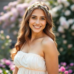 A close-up portrait of a confident young woman with small breasts, smiling and embracing her body