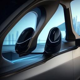 Futuristic rearview mirrors of a state-of-the-art van, characterized by innovative design and advanced tech functionality.