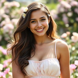 A close-up portrait of a confident young woman with small breasts, smiling and embracing her body
