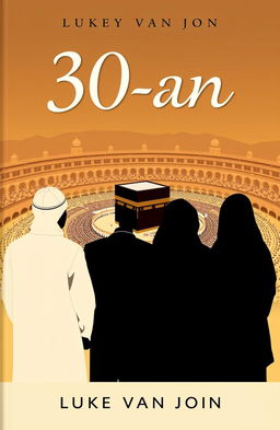 A novel cover for '30-an' by Luke van John, featuring a silhouette of four Indonesian villagers: a man wearing a white ihram, a father in white ihram, a mother in a black abaya, and a wife also in a black abaya