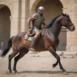 King Ahmad, an arrow lodged in his leg, grimaces in pain. He manages to stay astride his horse, invoking a strong sense of resilience and grit amidst the chaos of the ambush at the Roman gates.