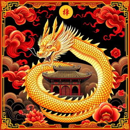 A stunning and ornate poster featuring a majestic golden dragon, coiled gracefully around a traditional Chinese temple