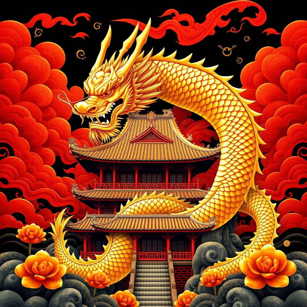 A stunning and ornate poster featuring a majestic golden dragon, coiled gracefully around a traditional Chinese temple