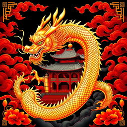 A stunning and ornate poster featuring a majestic golden dragon, coiled gracefully around a traditional Chinese temple