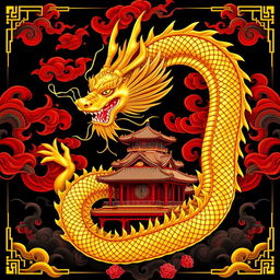 A stunning and ornate poster featuring a majestic golden dragon, coiled gracefully around a traditional Chinese temple