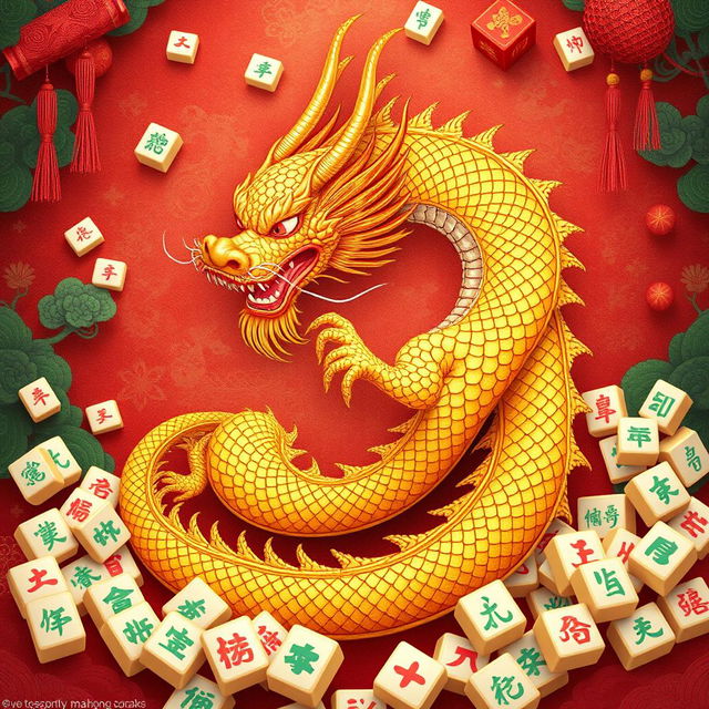 A beautiful illustration of a golden dragon majestically coiling through a vibrant mahjong-themed background