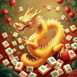 A beautiful illustration of a golden dragon majestically coiling through a vibrant mahjong-themed background
