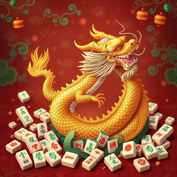 A beautiful illustration of a golden dragon majestically coiling through a vibrant mahjong-themed background