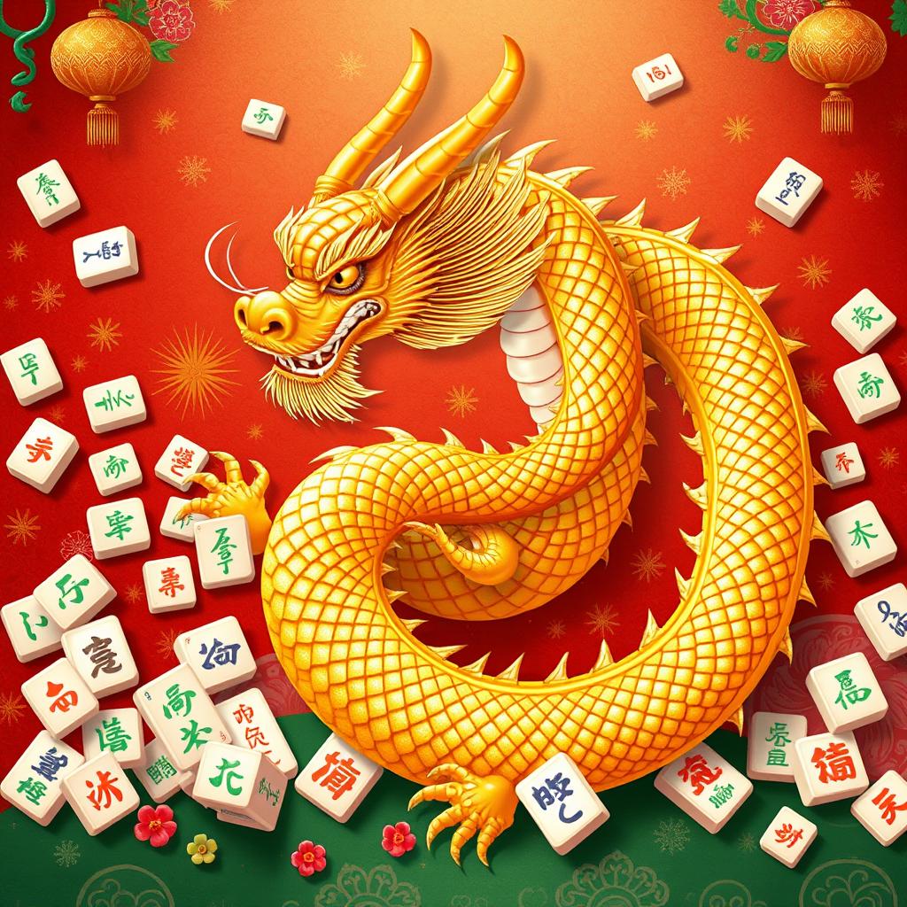 A beautiful illustration of a golden dragon majestically coiling through a vibrant mahjong-themed background