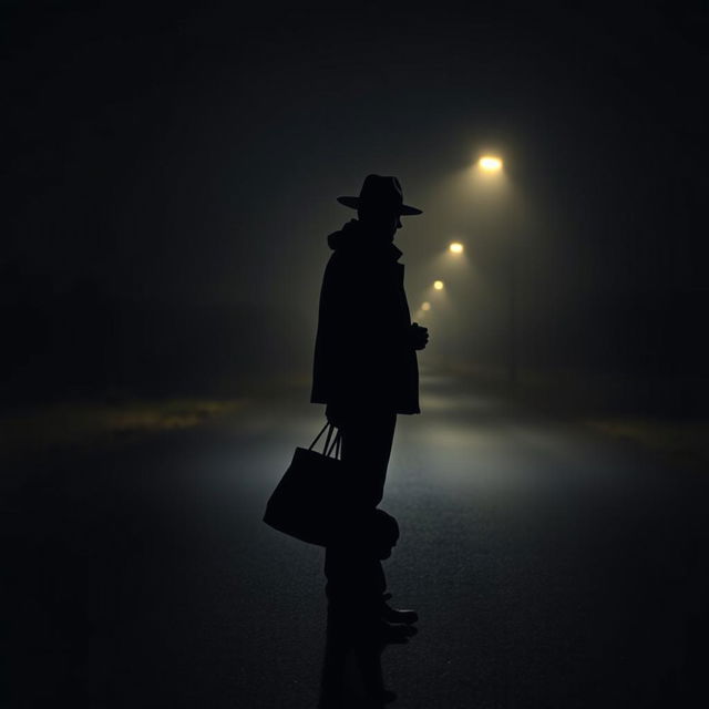 A silhouette of a man wearing a hat and a jacket, standing at the edge of an isolated road, holding a heavy-looking bag