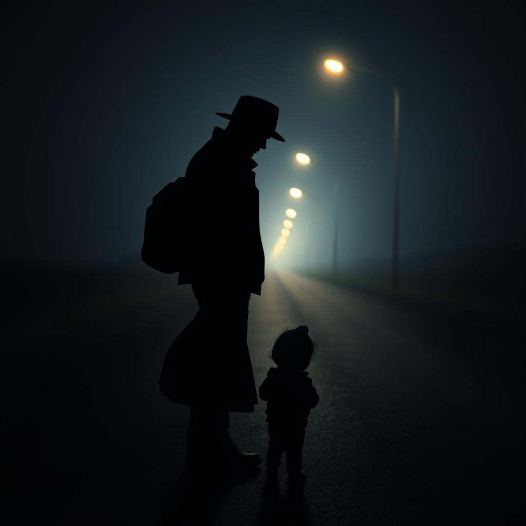 A silhouette of a man wearing a hat and a jacket, standing at the edge of an isolated road, holding a heavy-looking bag