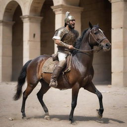 King Ahmad, an arrow lodged in his leg, grimaces in pain. He manages to stay astride his horse, invoking a strong sense of resilience and grit amidst the chaos of the ambush at the Roman gates.