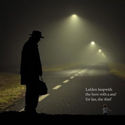 A silhouette of a man wearing a hat and a jacket, standing at the edge of an isolated road, holding a heavy-looking bag