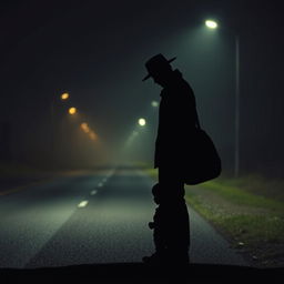 A silhouette of a man wearing a hat and a jacket, standing at the edge of an isolated road, holding a heavy-looking bag