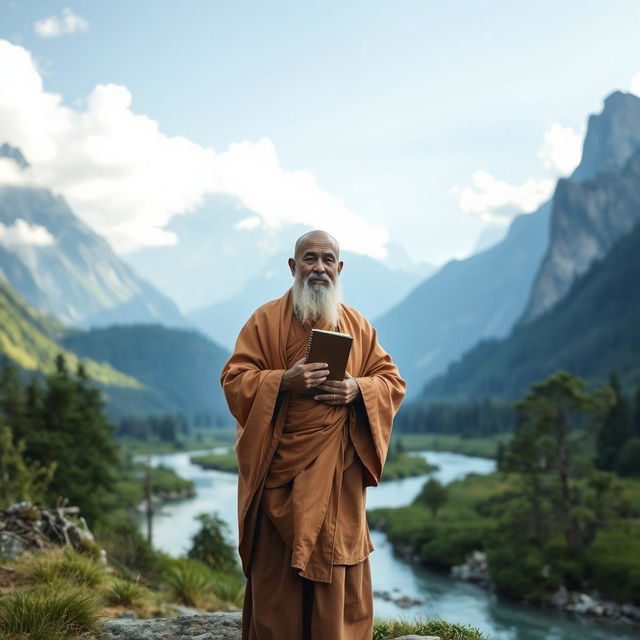 A serene and majestic scene of a wise guru carrying a notebook, standing confidently in the midst of towering mountains and a gently flowing river