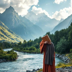 A serene and majestic scene of a wise guru carrying a notebook, standing confidently in the midst of towering mountains and a gently flowing river
