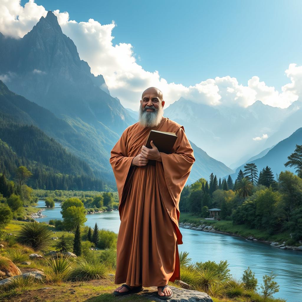 A serene and majestic scene of a wise guru carrying a notebook, standing confidently in the midst of towering mountains and a gently flowing river