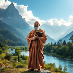 A serene and majestic scene of a wise guru carrying a notebook, standing confidently in the midst of towering mountains and a gently flowing river