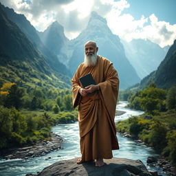 A serene and majestic scene of a wise guru carrying a notebook, standing confidently in the midst of towering mountains and a gently flowing river