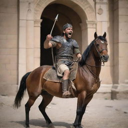 King Ahmad, an arrow lodged in his leg, grimaces in pain. He manages to stay astride his horse, invoking a strong sense of resilience and grit amidst the chaos of the ambush at the Roman gates.