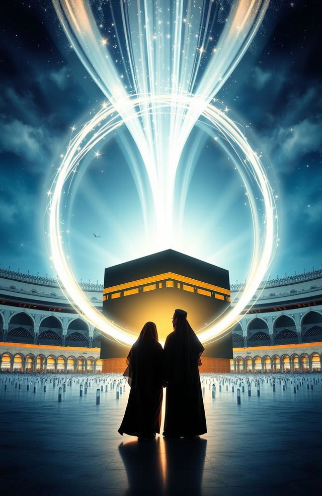 An A5 size book cover featuring a silhouette of an Indonesian couple and a parent wearing an abaya encircling the Kaaba