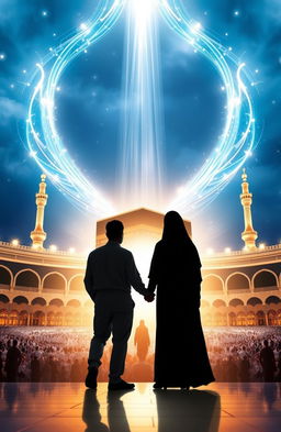 An A5 size book cover featuring a silhouette of an Indonesian couple and a parent wearing an abaya encircling the Kaaba